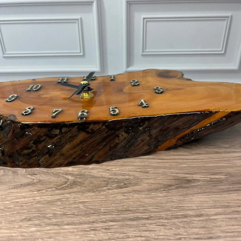 Live Edge Wood Epoxy Wall Clock Brown Glossy Resin Rustic Slab